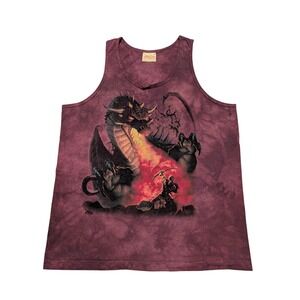 The Mountain Tank Top Mens XL Burgundy 2005 Dragon Graphic Tie Dye Fantasy VTG